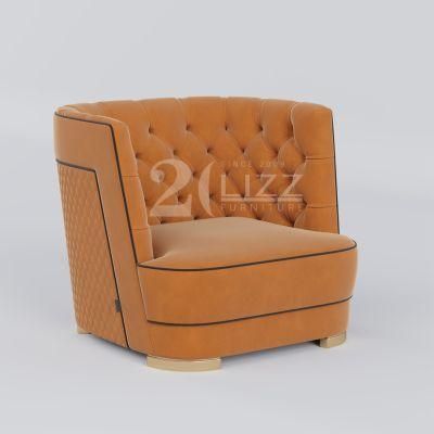 2022 Hot Selling Orange Armchair Modern European Style Fabric Floor Chair with Gold Metal Legs