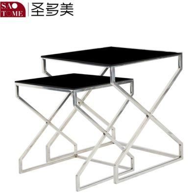Modern Fashion Stainless Steel Black Glass Face Two-Layer Nest Table