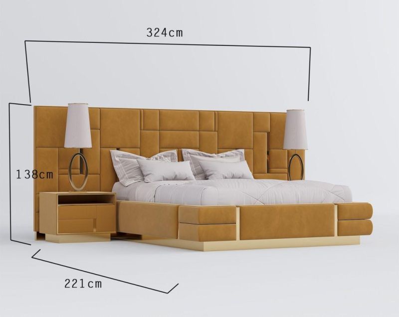 European Stylish Fabric Double/King/Queen Size Home Hotel Vilia Furniture Velvet Bedroom Bed Set with Nighstand