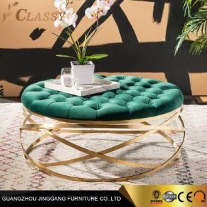 Luxury Modern Round Velvet Glass Coffee Table with Golden Stainless Steel Metal Base