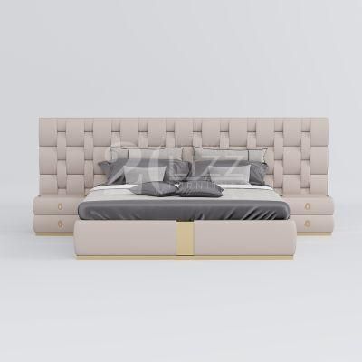 Light Luxury King Size Genuine Leather Platform Bed Wooden Home Hotel Bedroom Furniture with Nightstand
