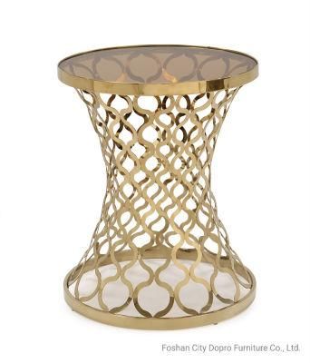 Light Luxury Design Stainless Steel Cutout Side Table with Brown Glass Top