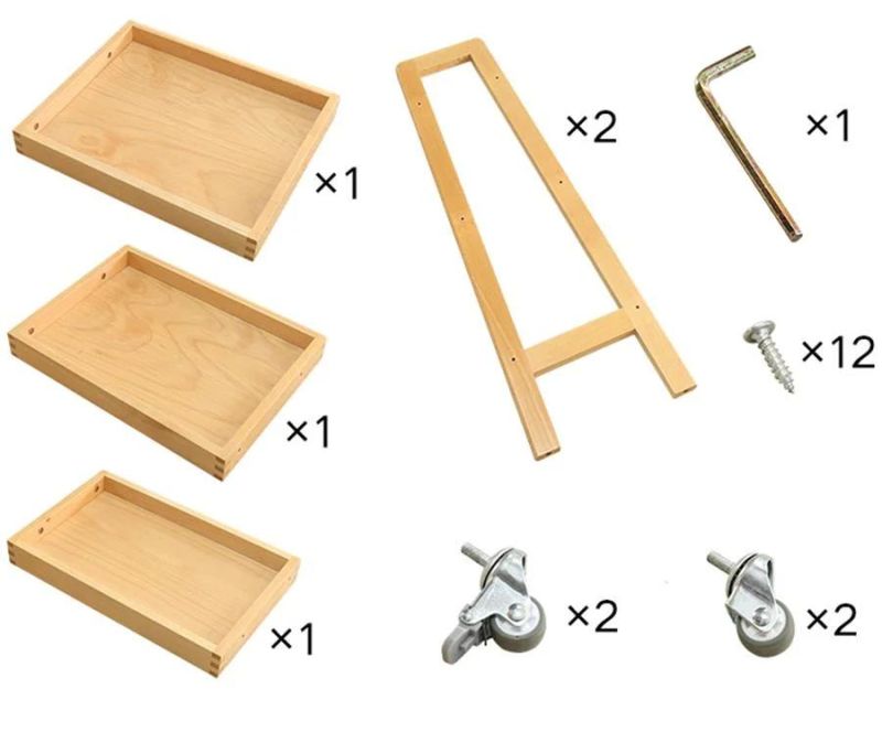 Movable solid beech bedside shelf, mobile cart, side table