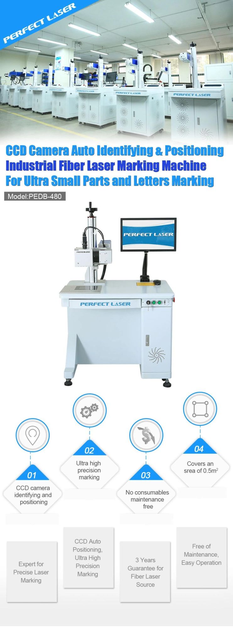 Pedb-480 CCD Camera Auto Identifying & Positioning China Industrial Fiber Laser Engraving Marking Machine for Ultra Small Parts and Letters Marking