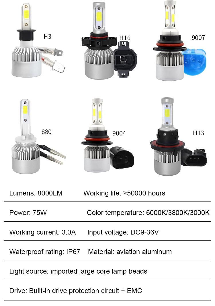 High Quality LED Car Lights S2 Headlight 72W 8000lm 9-32V COB Chip 6000K H7 H11 H4 9005 High Beam Low Beam Light Headlight