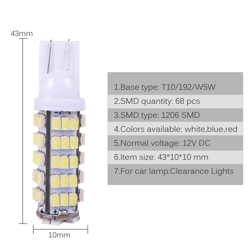 T10 1206 68 SMD White LED Bulbs W5w 194 927 161 Socket Type LEDs Cars Pathway Lighting Reading License Plate Lights 12V
