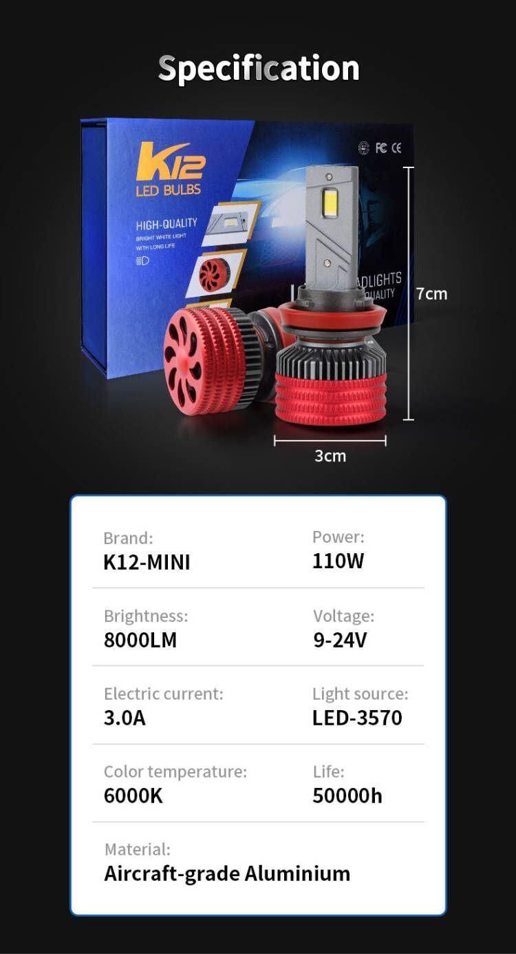 Small Size 110W 8000lm 12V K12-Mini Car LED Headlight Bulb H11 H7 H4 LED Car Lights