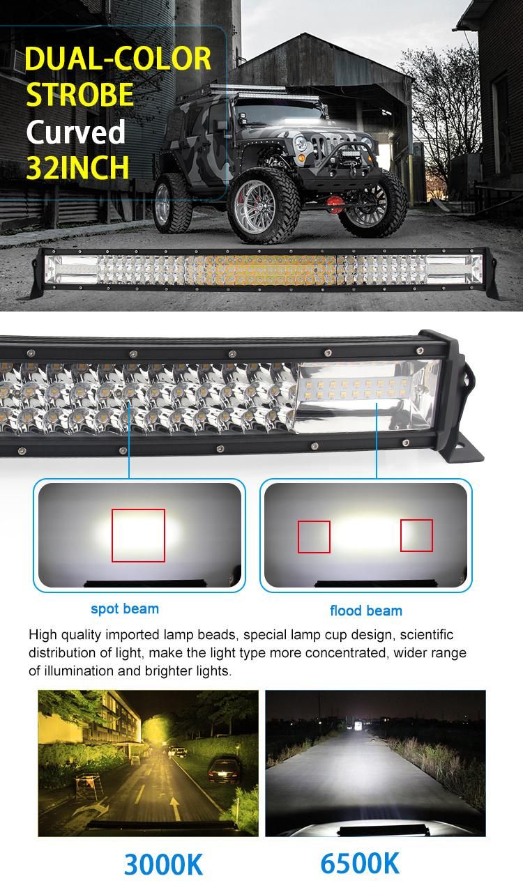 2019 New 42 52 32 Inch 22" 24 Volt Car CREE Curved Amber Strobe Flashing Dual Color 12D 4X4 Offroad LED Light Bar