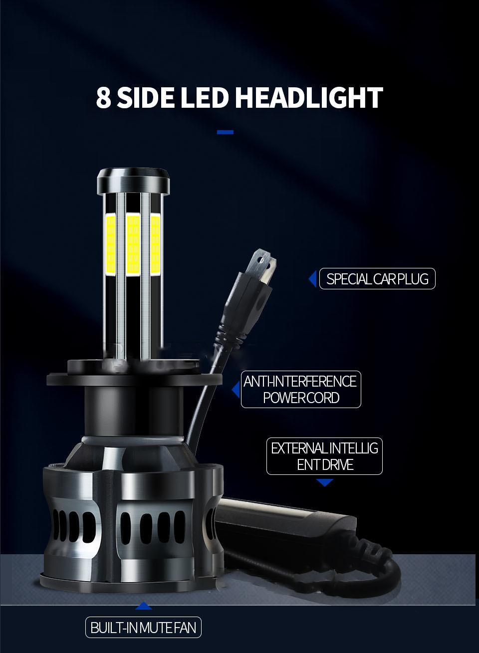 High Power 8 Sides LED Car Headlights 150W 16000lm 9-32V 6000/6500K H4 H1 H7 9006 Csp Chip LED Bulb Auto Fog Light Car Headlight Canbus