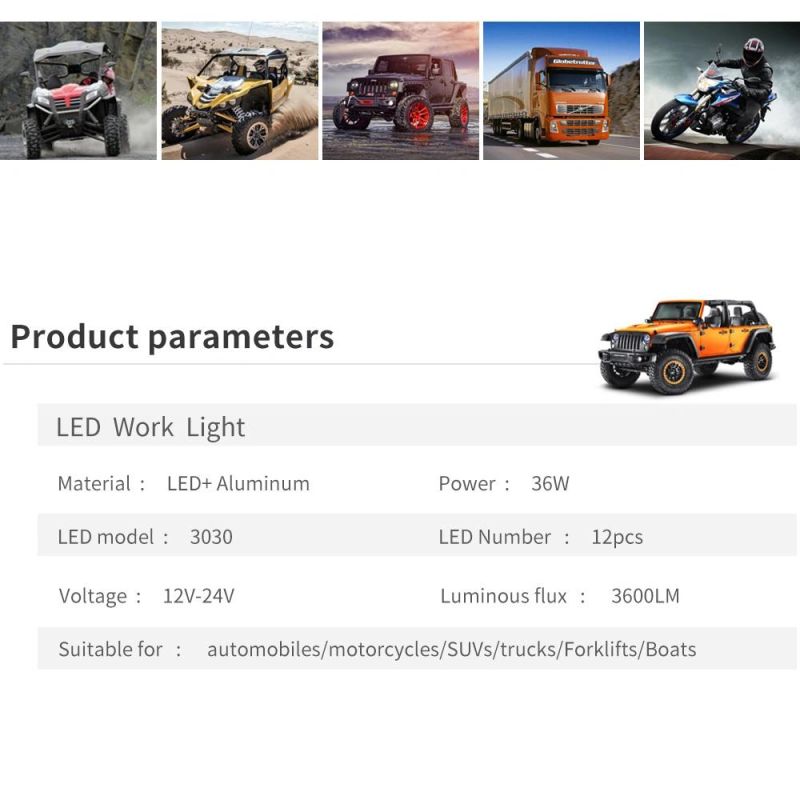 Dxz 12LED 36W 3030 Work Light Single Row Spotlight Car Parts Automotive Lighting System Driving Light
