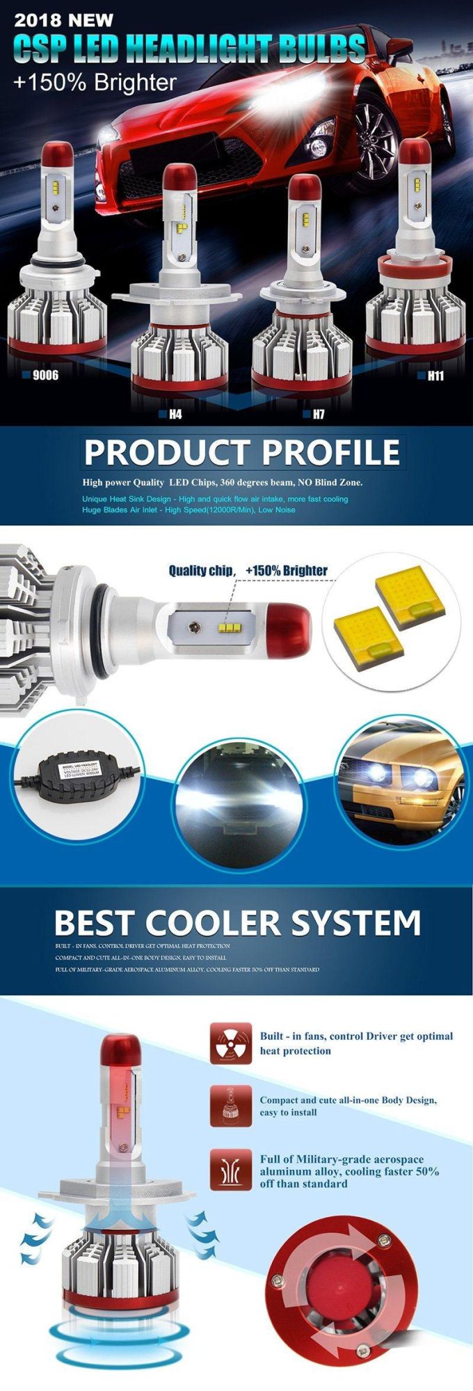 DOT Approved 8s H4 LED High Low Beam Csp 8000lm H3 LED Car Headlight Kit