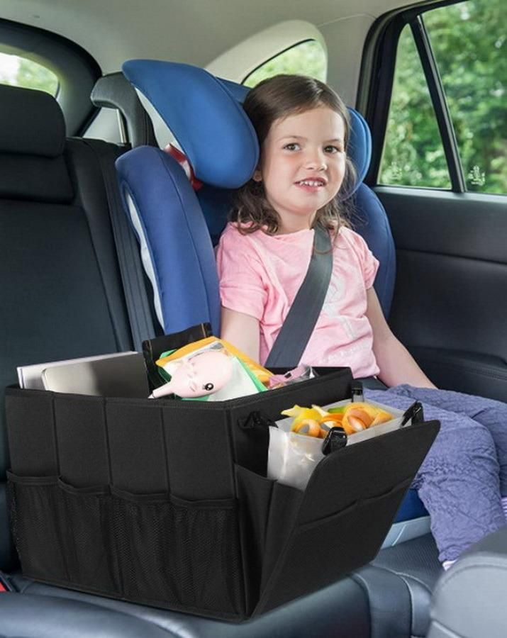 Large Black Durable Folding Car Trunk Organizer Foldable Car Seat Storage Box Truck Storage Bag for Family Travel with Tote Handles