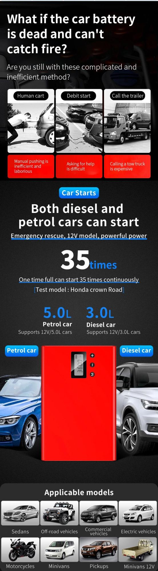 Portable Jump Box Starter Pack Car Battery Jump Starter with Air Compressor Tyre Inflator
