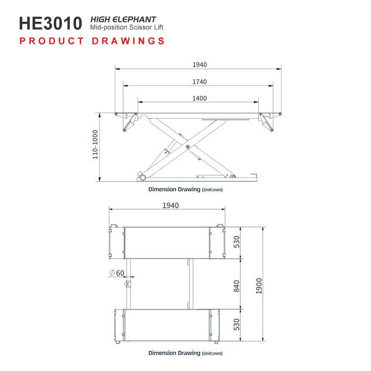 Car Lifter Hydrulic 3000kg MID Rise Scissor Lifting Vehicle Equipment