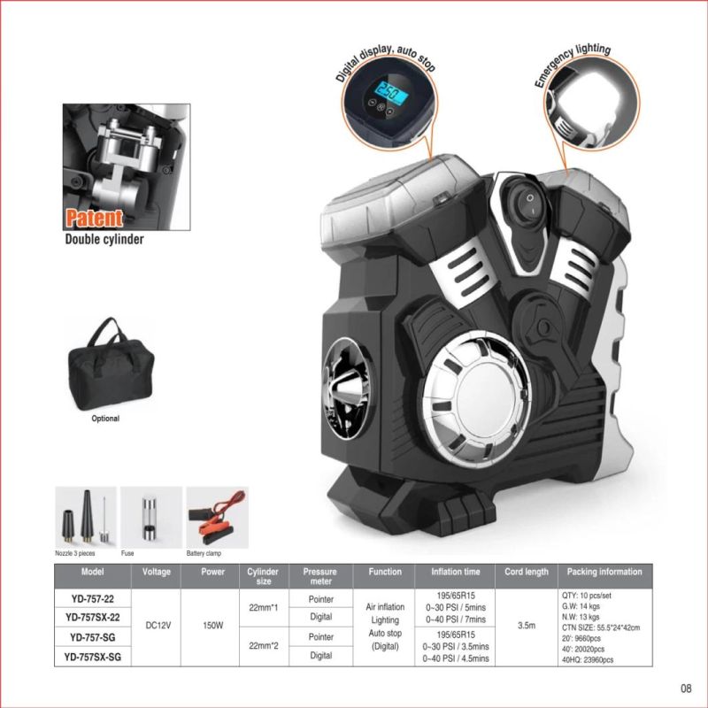 Portable Pressure Digital DC 12V Car Tire Inflator, Air Pump Compressor 120W 150psi Car Tyre Air Pump