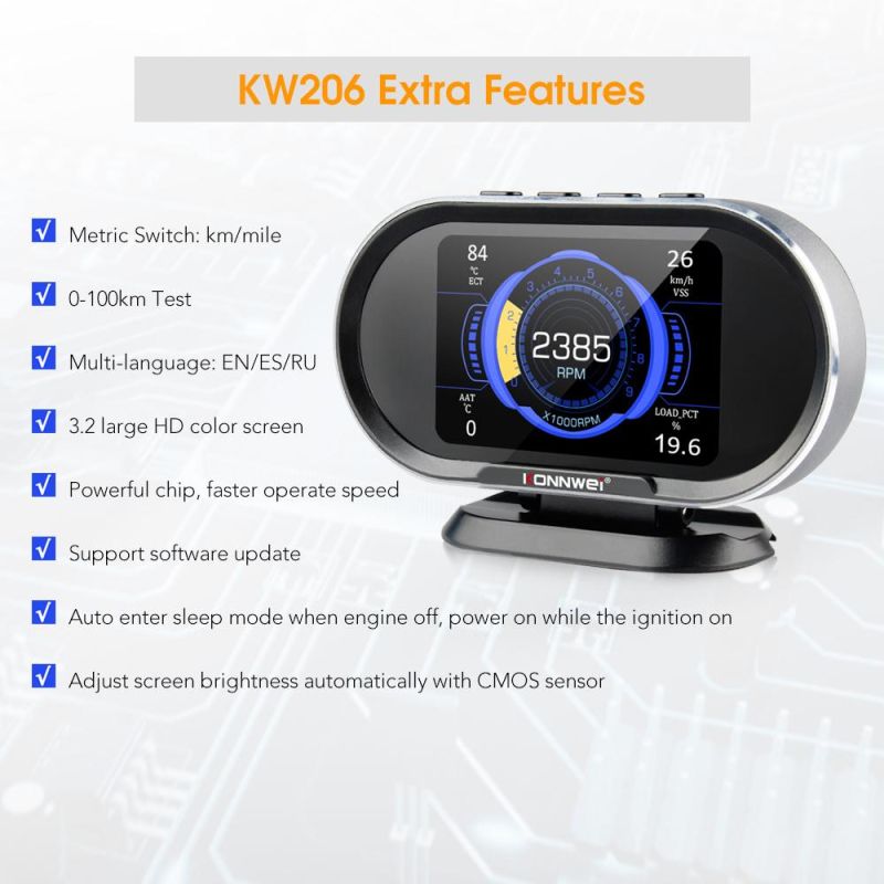 Konnwei Kw206 Car on-Board Computer Car Digital Computer Display OBD2 Scanner Fuel Consumption Water Temperature Gauge Speedometer Hud