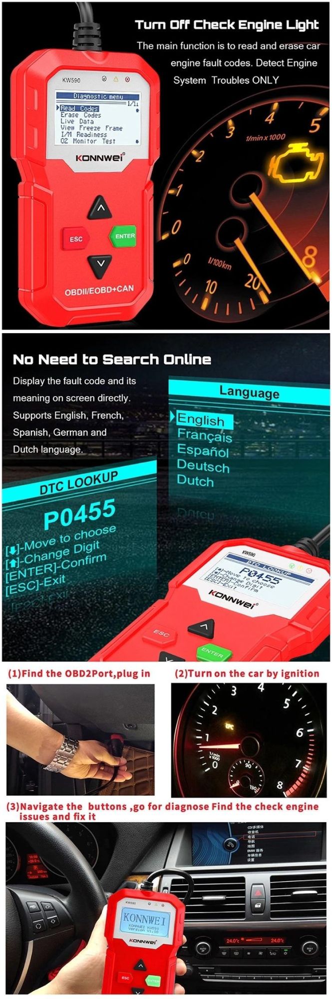 Konnwei 2.4inch Black and White Screen Auto Diagnostic Tools OBD2