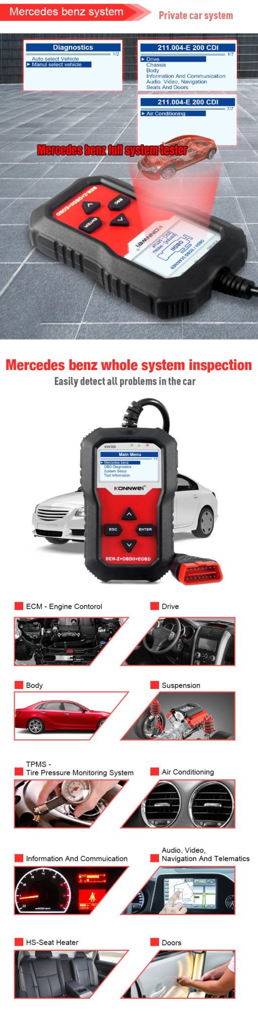 Konnwei Kw360 OBD2 Code Reader Mercedes-Benz Dedicated All System Engine ABS Brake Oil Reset Car Diagnostic Scanner Tool