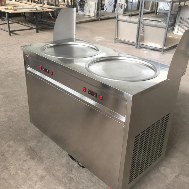 Frozen Commercial Ice Cream Frying Machine with 2 Flat Pans and Imported Compressor Stainless Steel Fried Ice Cream Roll Machine