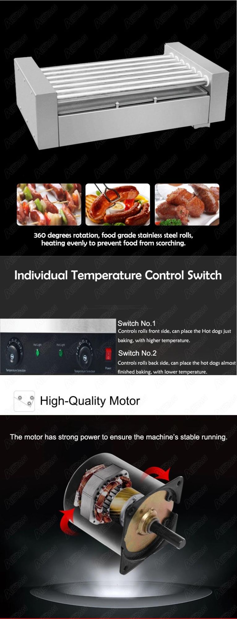 Fy07 Electric Hot Dog Grill Machine Sausage Meat Ball Roller Cooking Machine Stainless Steel 7 Roller