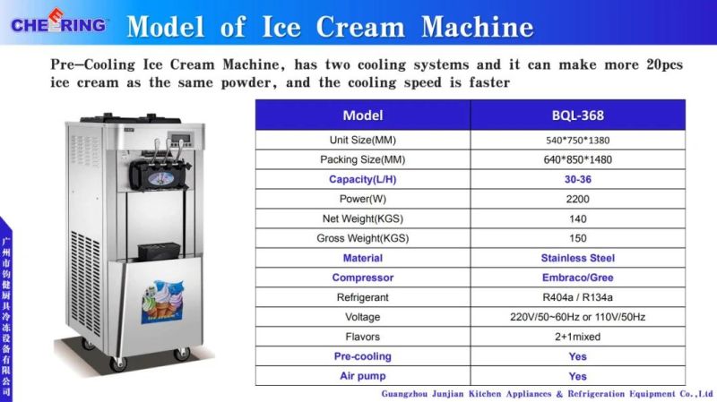 Stainless Steel Silver Color Commecial 2+1 Mixer Flavors Pre Cooling Air Pump Soft Ice Cream Making Machine