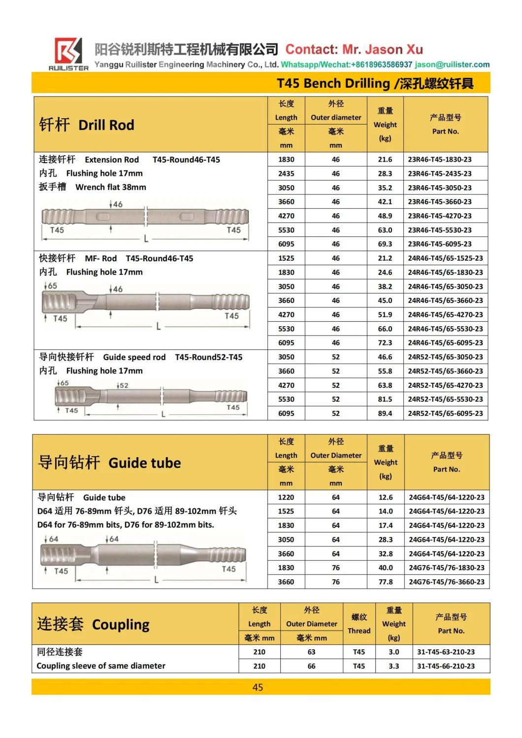 Top Hammer Rock Drilling Tools Mf Drill Rod T38 T45 T51