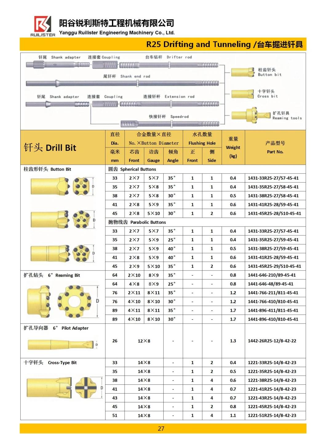 R25 34mm 38mm 45mm Tungsten Carbide 6 Button or 7 Button Rock Drill Bit for Blast