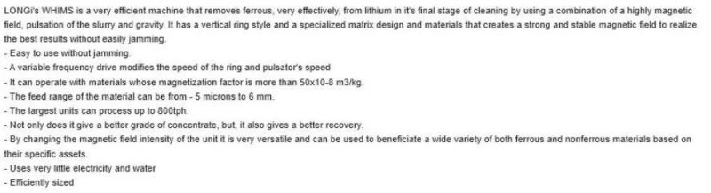 Mining Machine Whims Wet High Intensity Magnetic Separator Purification for Non-Ferrous Material Lithium Feldspar Kaolin