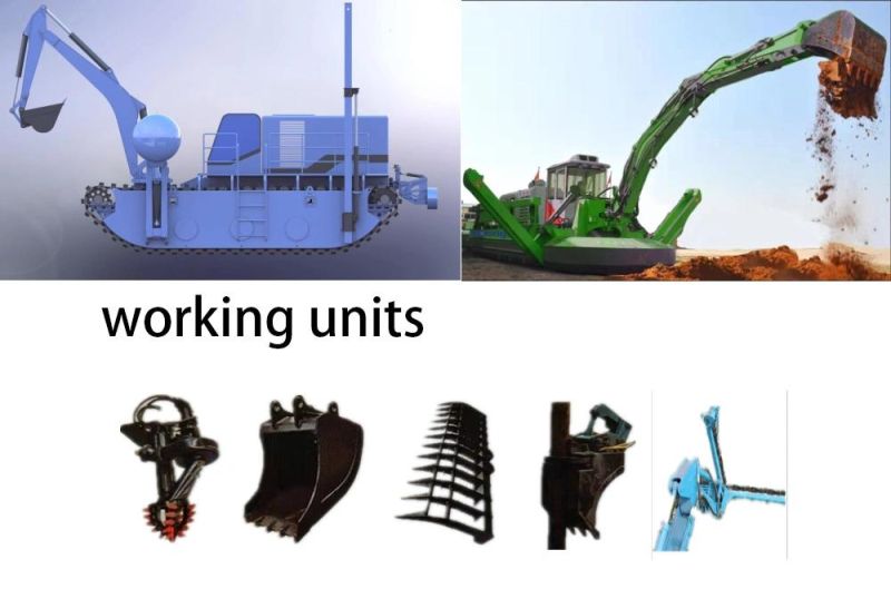 Amphibious Excavator with Long Arm and Longer Dredging Reach, Submersible Pump, Multiple Separate Machines, for Dredging, Pilling, Raking, Large Work Area,