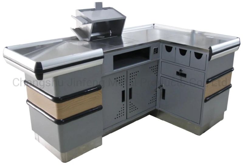 Supermarket Cashier Counter Wood Grain Transfer Printing Checkout Counter with Keyboard Holder