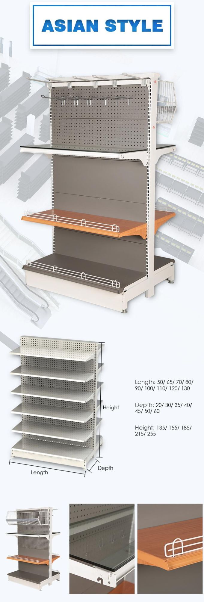 Double-Side Adjustable Gondola Advertising Display Supermarket Shelf for Hypermarket