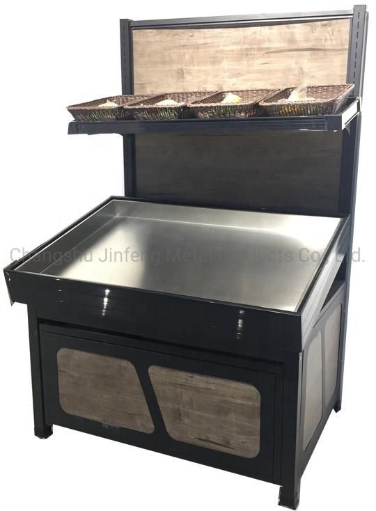 Supermarket Wooden Display Rack for Fruit and Vegetable with Wire Mesh Back