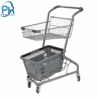 Japanese Style Durable 2-Tier Grocery Supermarket Shopping Cart Trolley with Plastic Basket