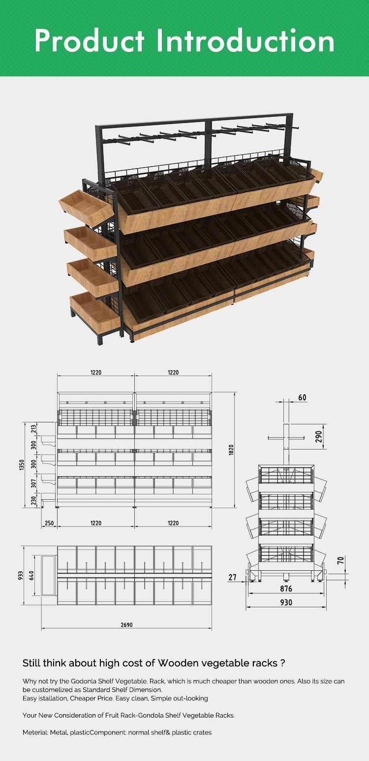 Supermarket Double Side Gondola Wooden Vegetable Produce Rack