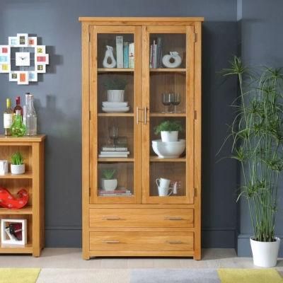 Solid Oak Glazed 2 Door 2 Drawer Tall Display Cabinet Unit