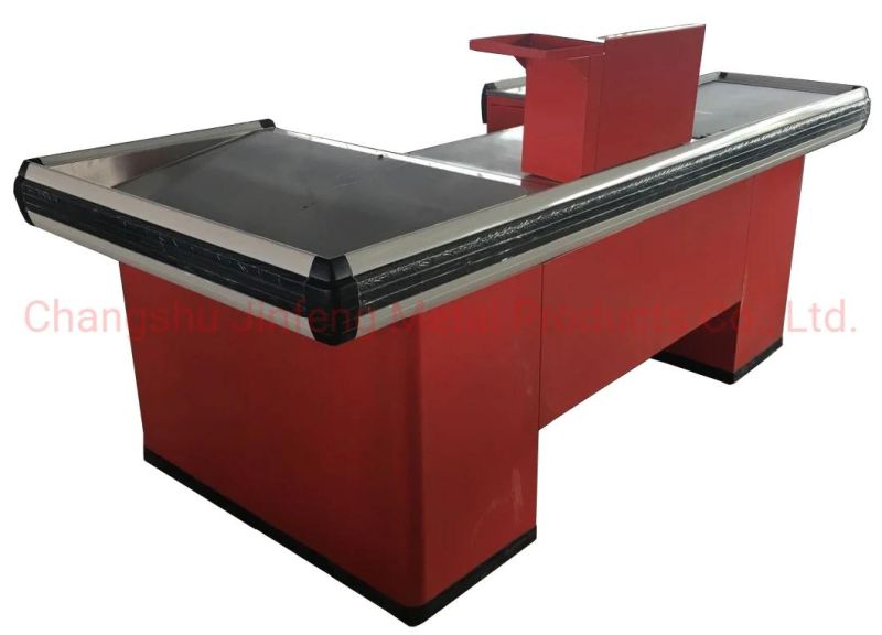 Supermarket Checkout Counter Metal Cashier Desk with Conveyor Belt and Keyboard Holder