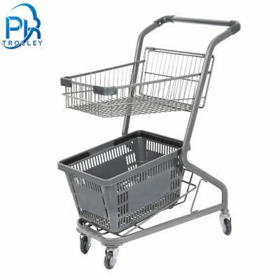 Wire Basket Trolley 2 Baskets Shopping Cart Double Layer Supermarket Trolley