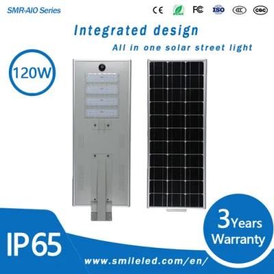 High Efficiency Light Control IP65 Outdoor 120W Die Casting Aluminum All in One Solar LED Street Light