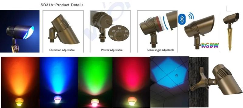 LED Brass Fixture for Garden Lighting with Beam Angle and Power Adjustable RGBW Bluetooth Control