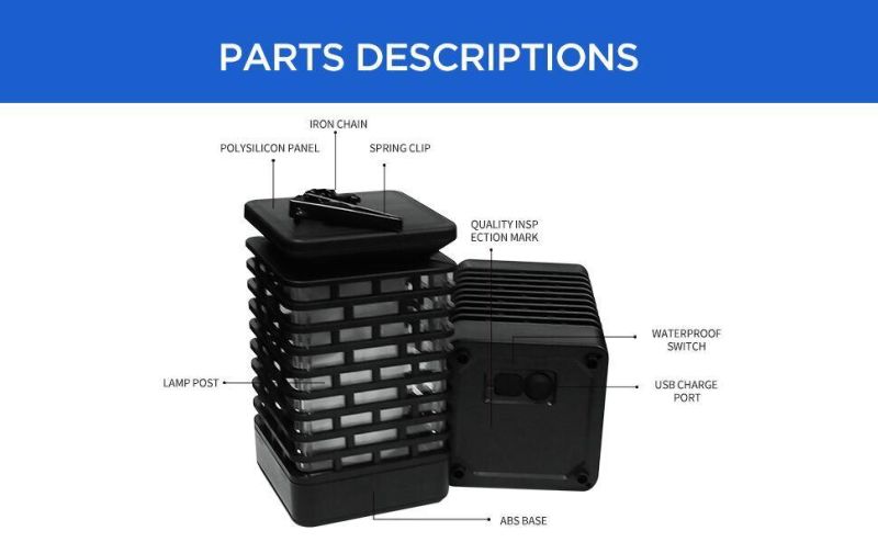 Solar or USB Charging Flame Lanterns Solar Outdoor Light with IP65 Waterproof Function