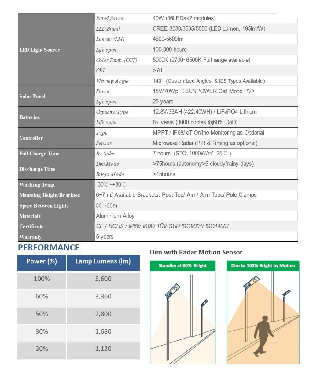 40W Solar Street Light with High Efficiency Solar Panel & High Lumen LED Light Source
