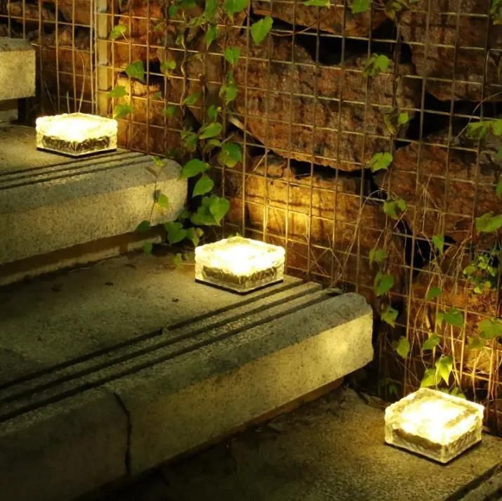 Outdoor Paver Glass Brick Ice Cube Rocks RGB 4 LED Solar Garden Lights with Remote Control for Pathway Driveway Landscape
