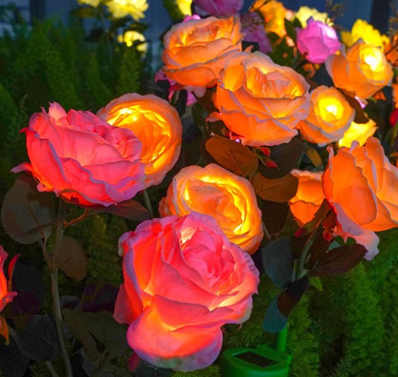 CE RoHS Approved Outdoor Decorative Rose Night Light Solar Flower Stake Lights with IP65 Waterproof