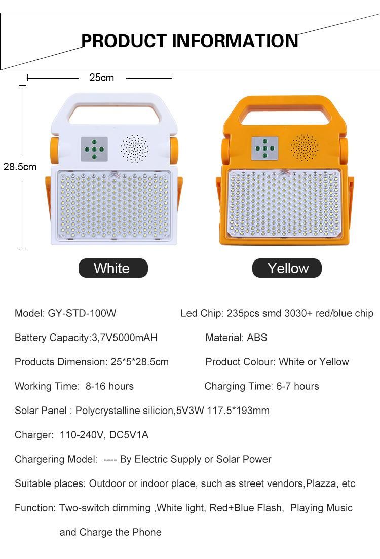 Camping Music 100W Home Emergency LED Solar Flood Lights