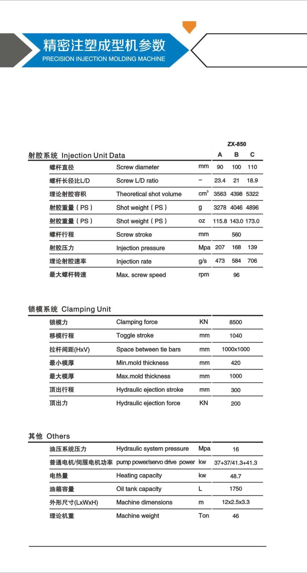 850ton Injection Molding Machine, Stable Quality, Competitive Cost, Save Energy, High Quality, Reasonable Price, New, 4000grams