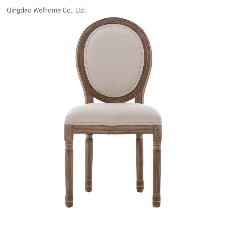 Stacking Upholstery Rustic Wood Louis Chair with Beige Linen Fabric