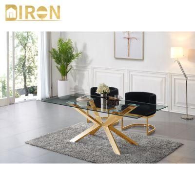Wholesale Modern Style Designs Glass Table Luxury Dining Room Furniture Stainless Steel Legs Table