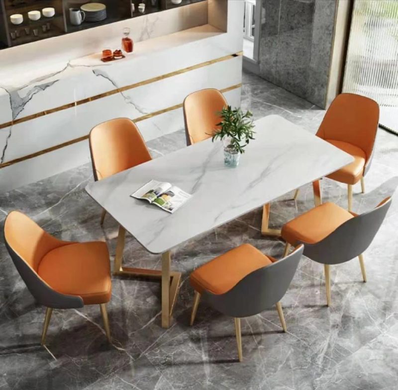 Modern Dining Set Home Furniture Marble Top Gold Chrome Stainless Steel Dining Table