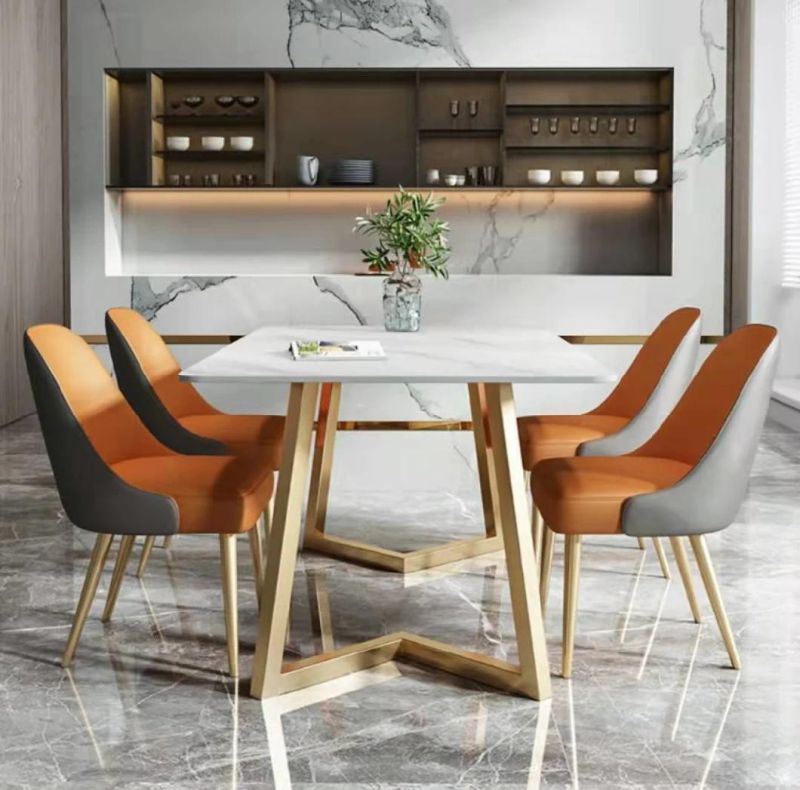 Modern Dining Set Home Furniture Marble Top Gold Chrome Stainless Steel Dining Table