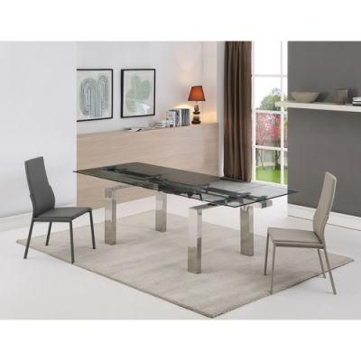 Modern Extension Rectangle Clear Glass Steel Dining Table Furniture